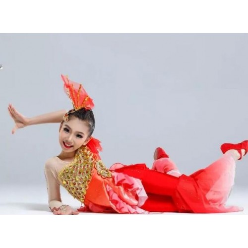 Girls chinese folk dance costumes kids children school party stage performance red fish cosplay mermaid clothes dresses